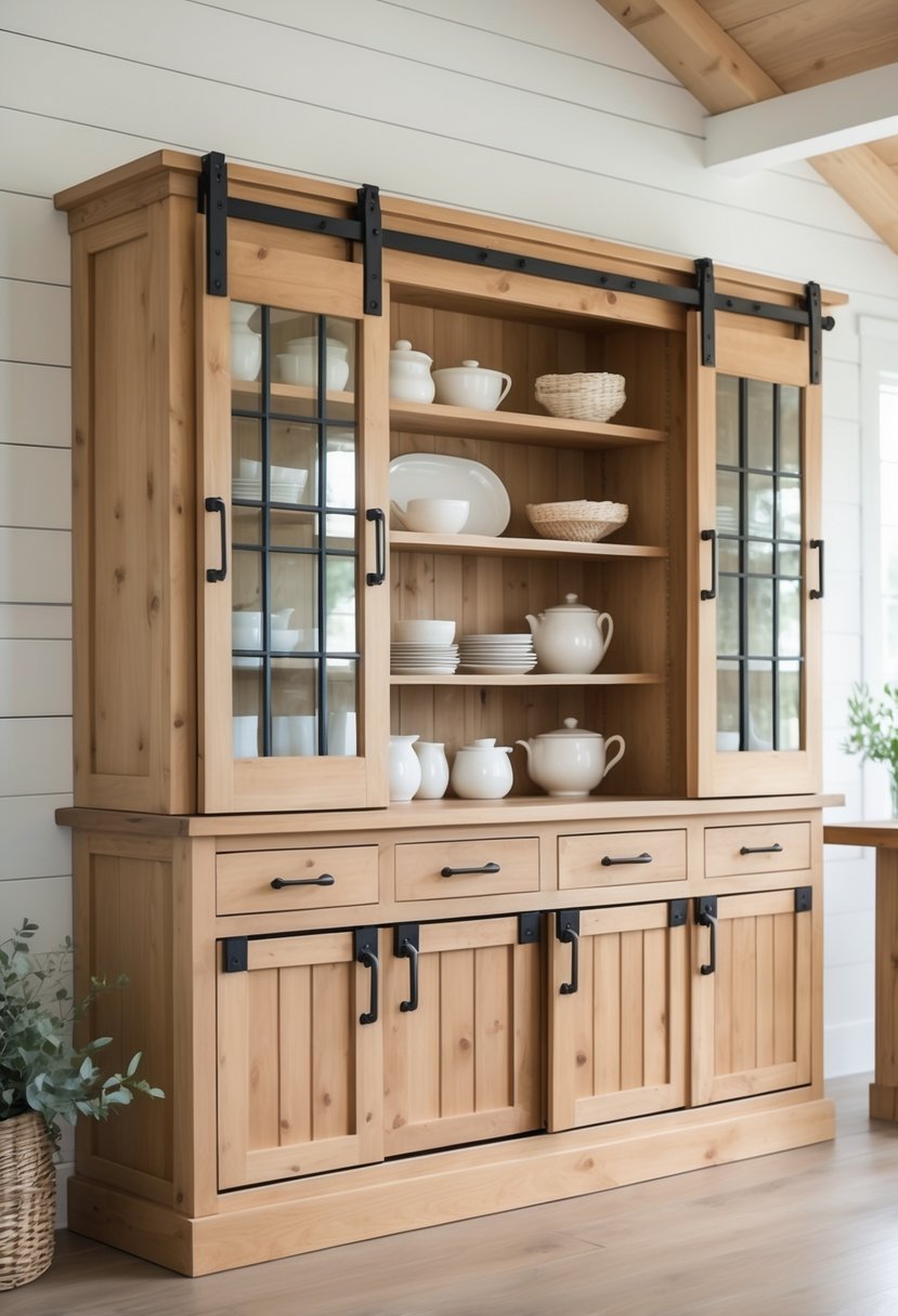 A wooden hutch with sliding barn doors revealing shelves with dishes and decor in a bright kitchen setting.