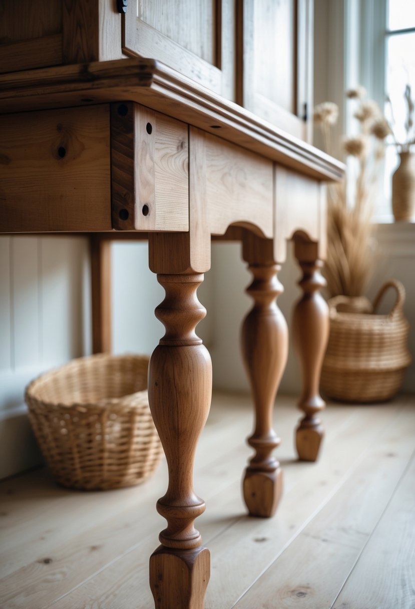 Close-up of wooden furniture legs supporting a hutch in a softly lit room.