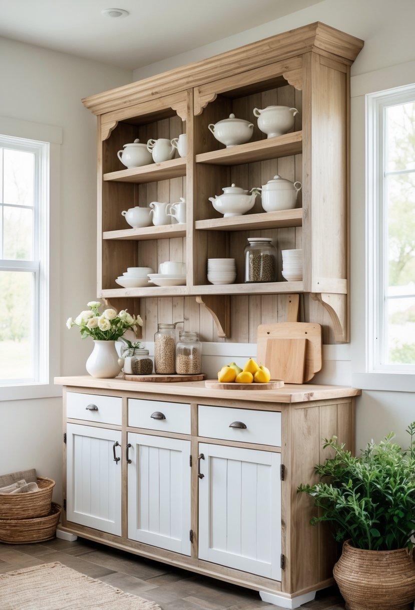 A kitchen with a large wooden hutch displaying dishes, jars, and kitchen items, bathed in natural light.