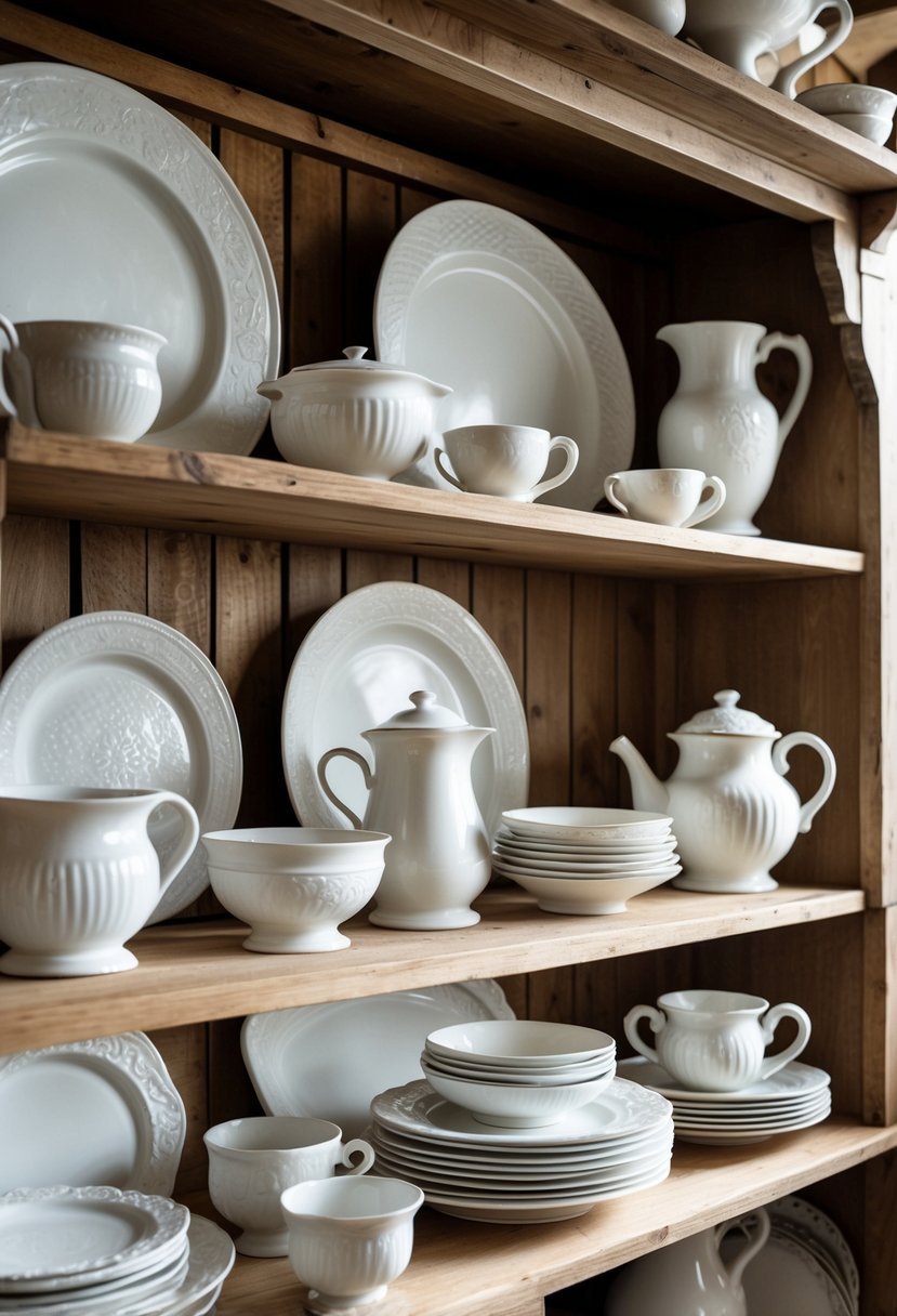 Open wooden shelves displaying white ceramic dishes and pottery in a farmhouse kitchen.