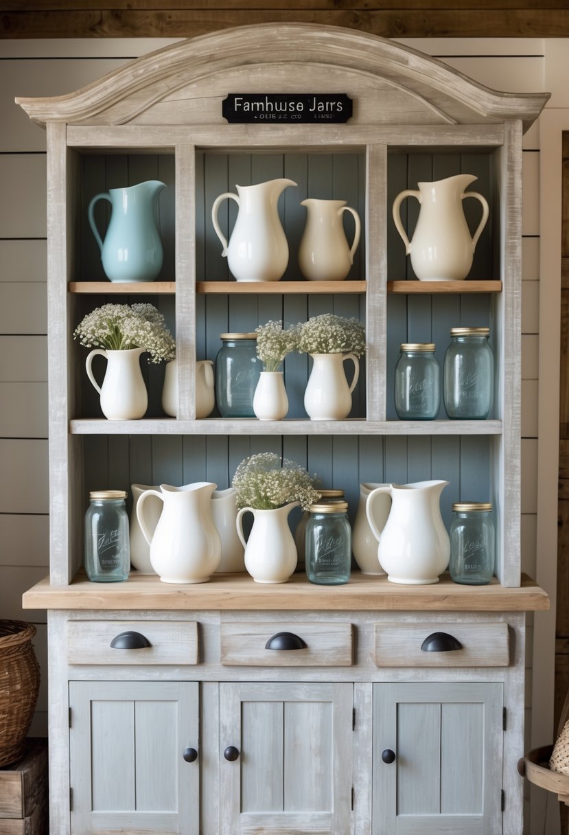 A wooden farmhouse hutch displaying layered ceramic pitchers and mason jars, some filled with wildflowers.