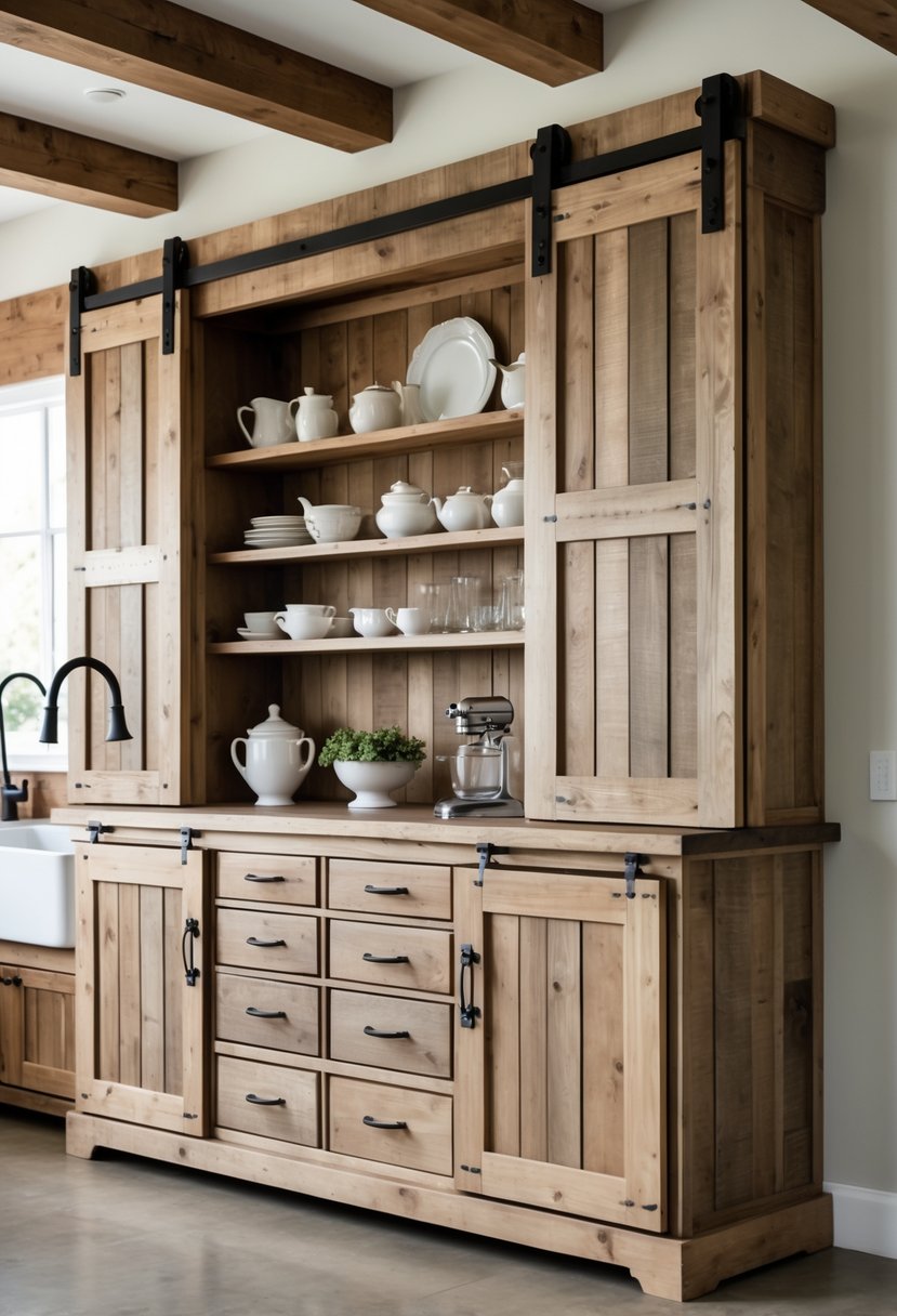 A farmhouse kitchen with a large wooden hutch featuring sliding barn doors, displaying dishes and kitchen items inside.