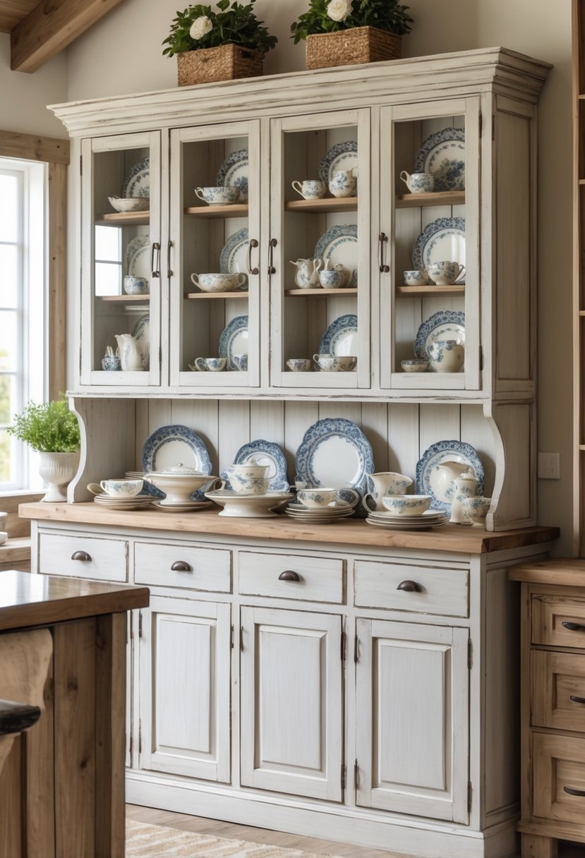 A farmhouse kitchen with a large wooden hutch featuring glass-door cabinets displaying neatly arranged china dishes.