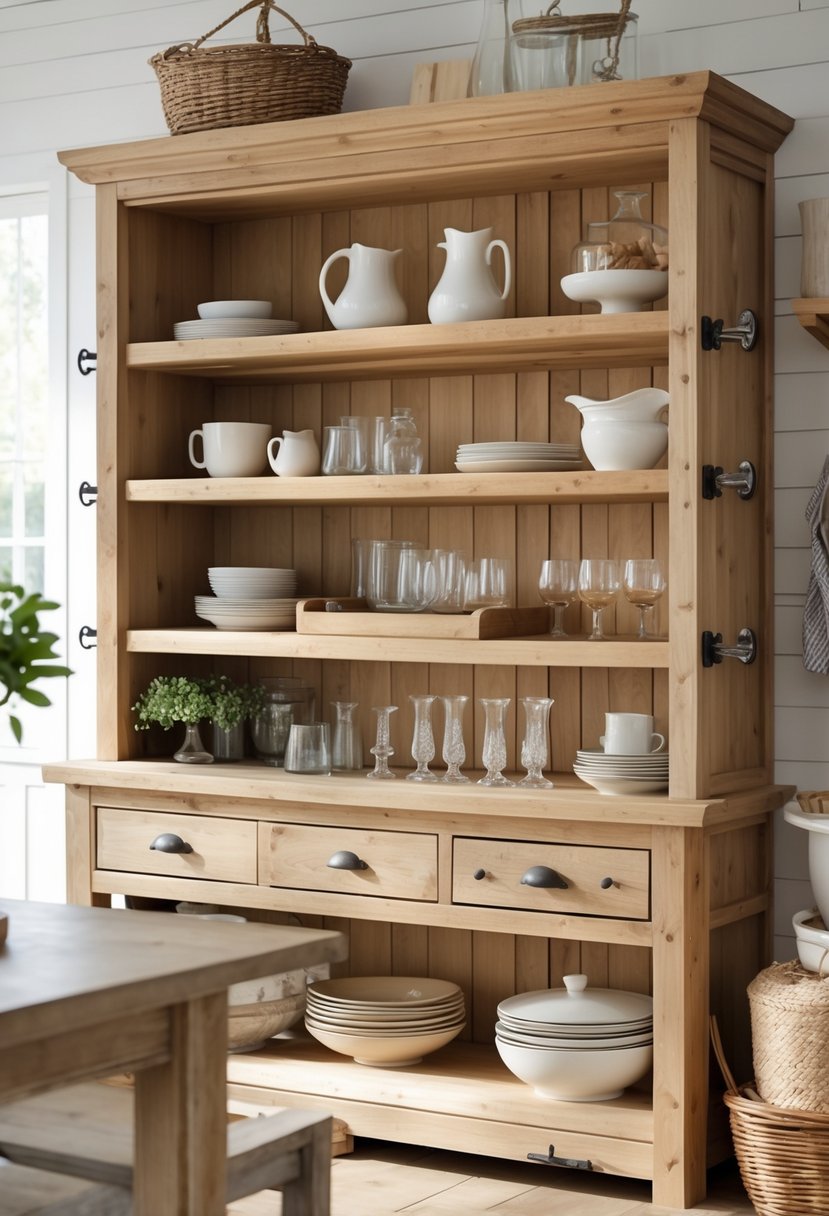 Wooden farmhouse hutch with adjustable shelves displaying ceramics and decorative items in a bright kitchen setting.