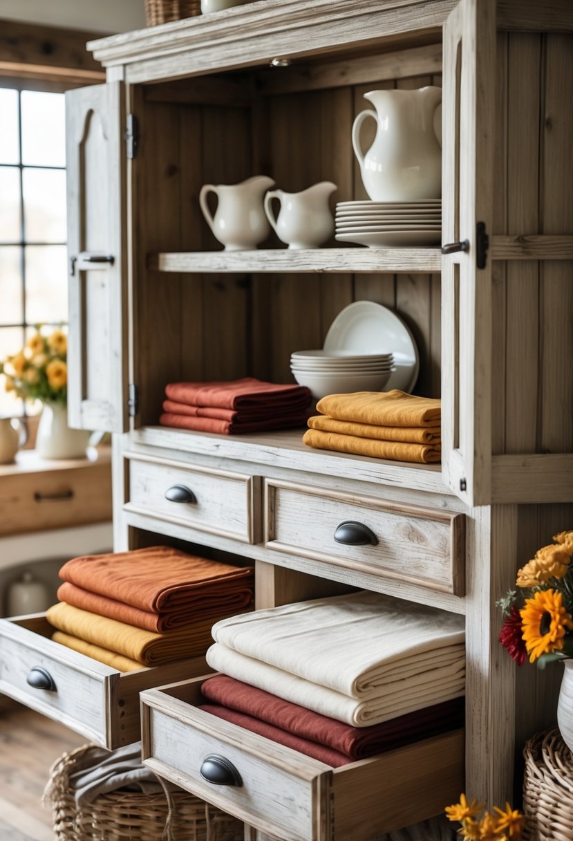 Open wooden hutch drawers filled with folded seasonal linens in warm autumn colors in a cozy kitchen setting.