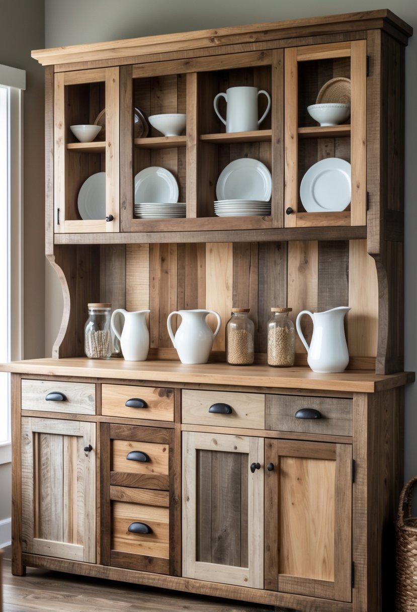 A farmhouse hutch made from different types of wood with varied textures and finishes, decorated with simple kitchenware and baskets.