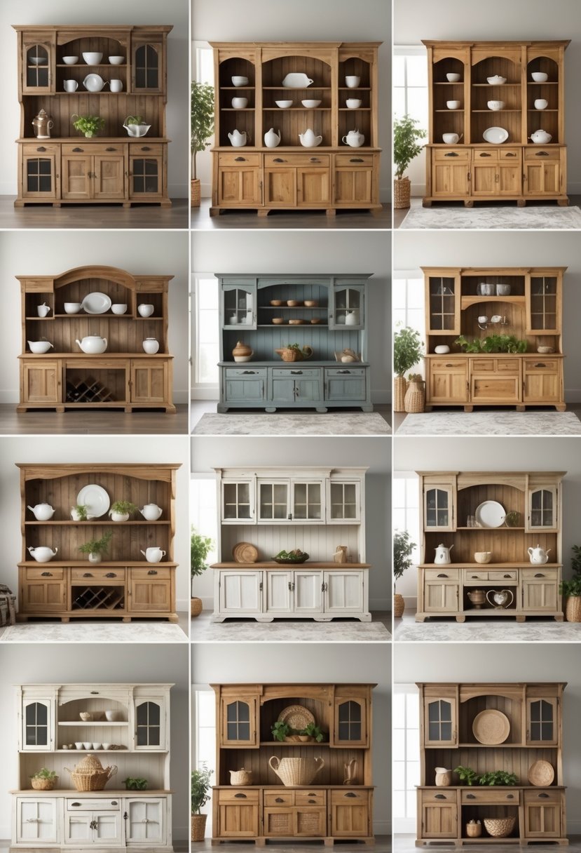 A horizontal arrangement of 15 farmhouse hutches showcasing different wooden designs and decorative items in a bright room.
