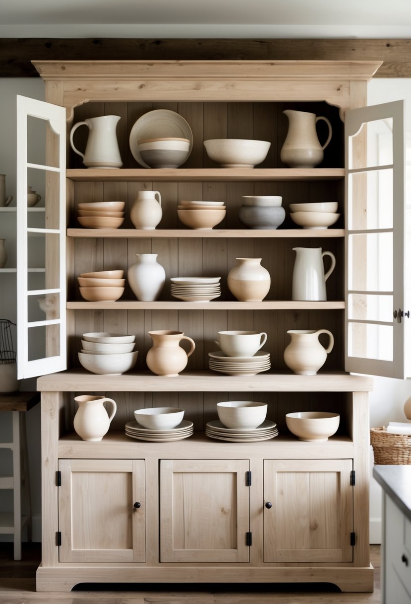 A wooden farmhouse hutch displaying multiple shelves filled with neutral-colored pottery including bowls, plates, and vases.