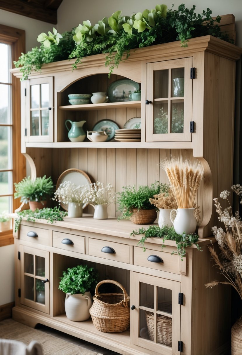 A wooden farmhouse hutch decorated with green plants, dried flowers, ceramic dishes, and woven baskets in a softly lit room.