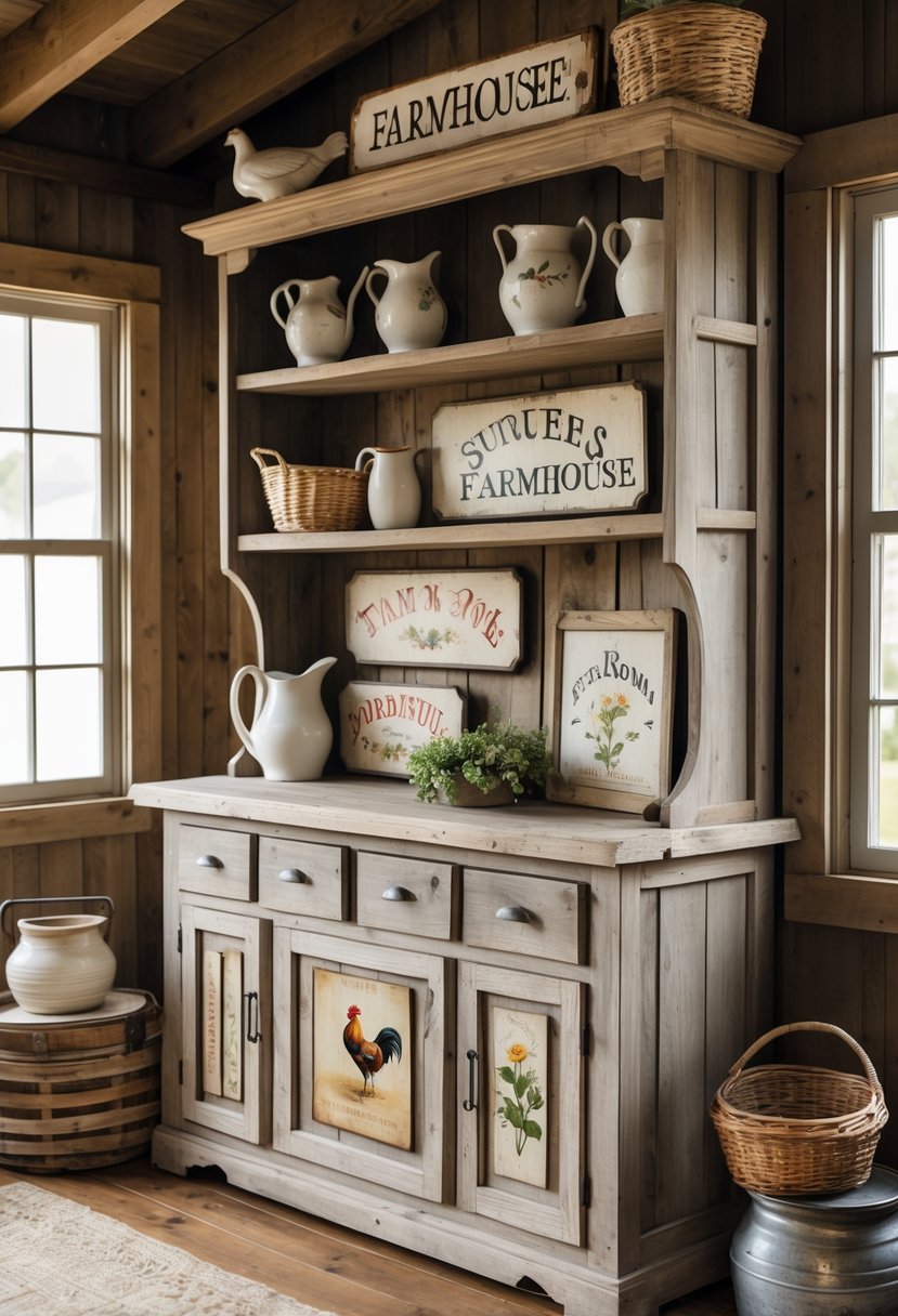 A rustic farmhouse hutch filled with vintage decor and antique farmhouse signs arranged around it.