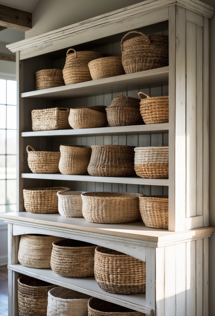 A wooden farmhouse hutch with 15 stacked woven baskets arranged neatly for storage.
