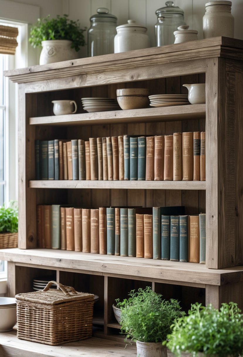 A farmhouse kitchen hutch with open shelves displaying a collection of classic cookbooks and farmhouse decor.
