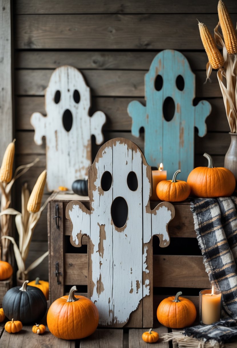 A rustic Halloween display with distressed wooden ghost signs surrounded by pumpkins, dried corn stalks, candles, and plaid fabrics.