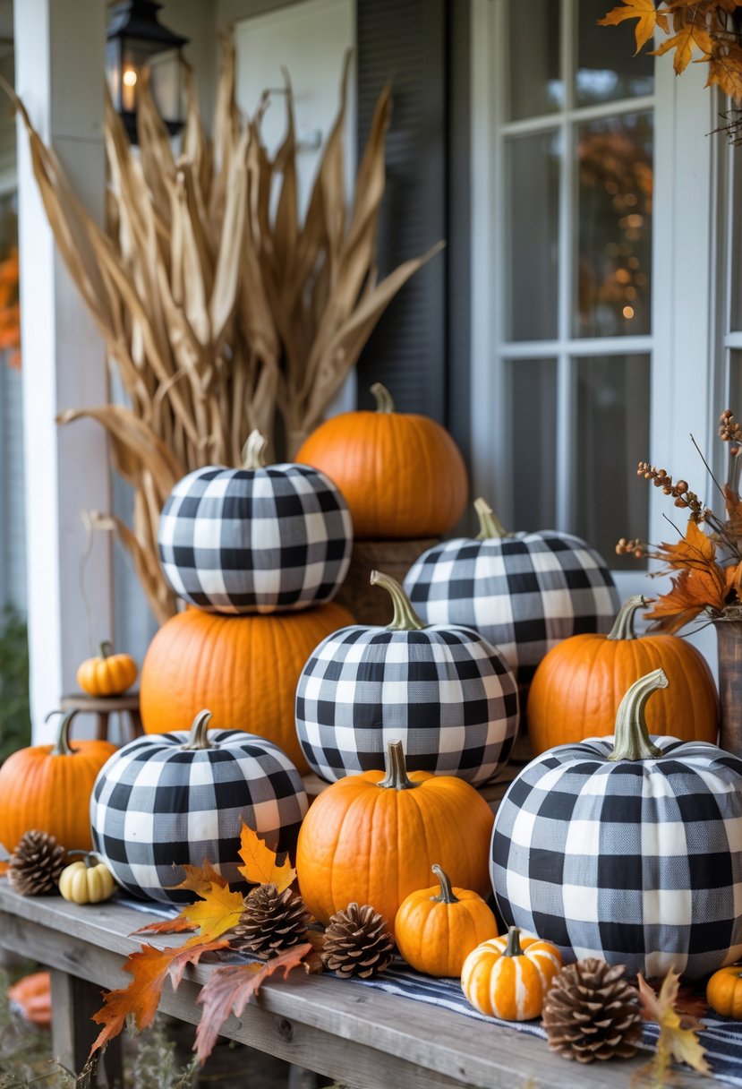 Several pumpkins decorated with black-and-white check patterns arranged with fall leaves and rustic farmhouse decorations.