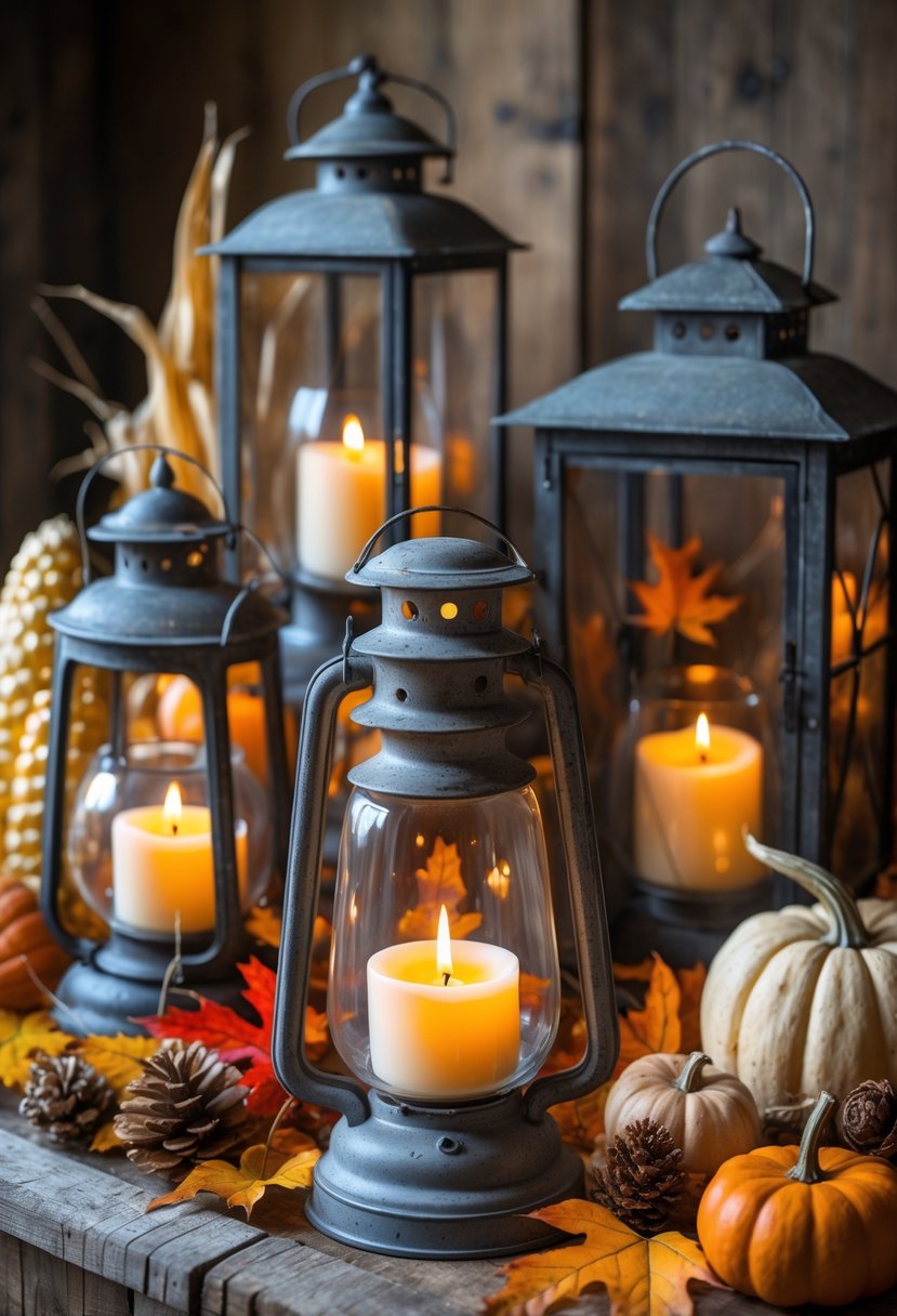 Vintage lanterns with flickering candles surrounded by autumn leaves, pumpkins, and pinecones on a wooden farmhouse table.