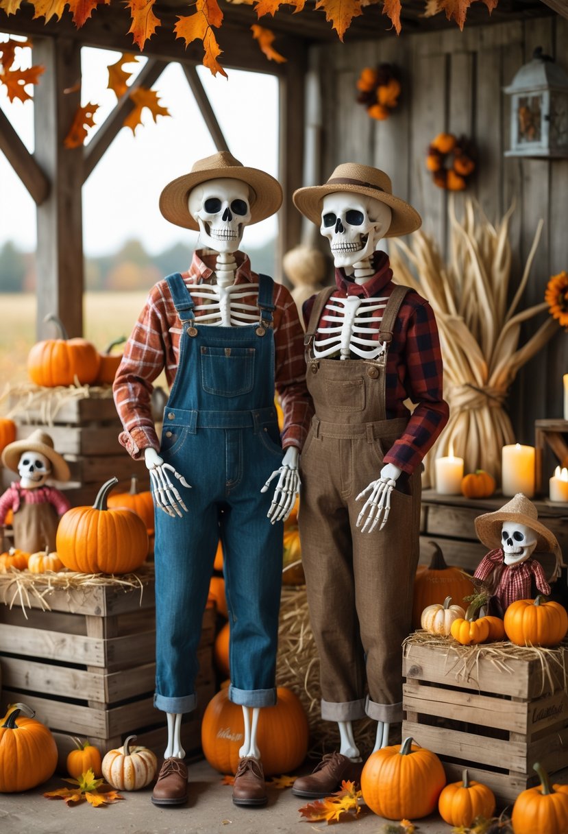 Skeleton couple dressed as farmers standing among autumn produce and Halloween decorations at a farmer's market display.