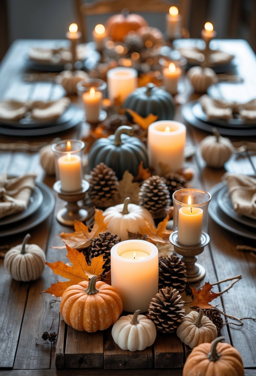 A rustic wooden table with a Halloween centerpiece featuring pumpkins, dried leaves, pinecones, candles, and farmhouse-style decorations.