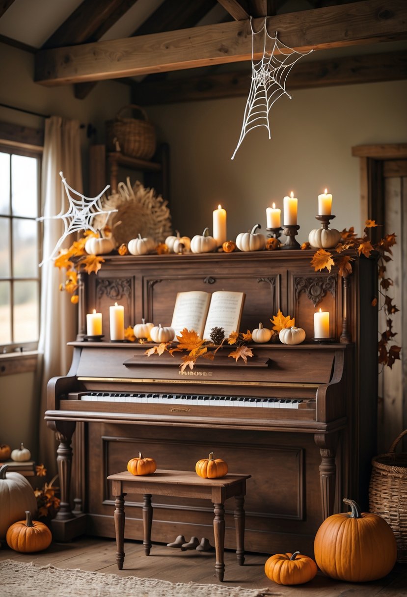 An antique wooden piano decorated with pumpkins, dried leaves, candles, and spider webs in a cozy farmhouse room.