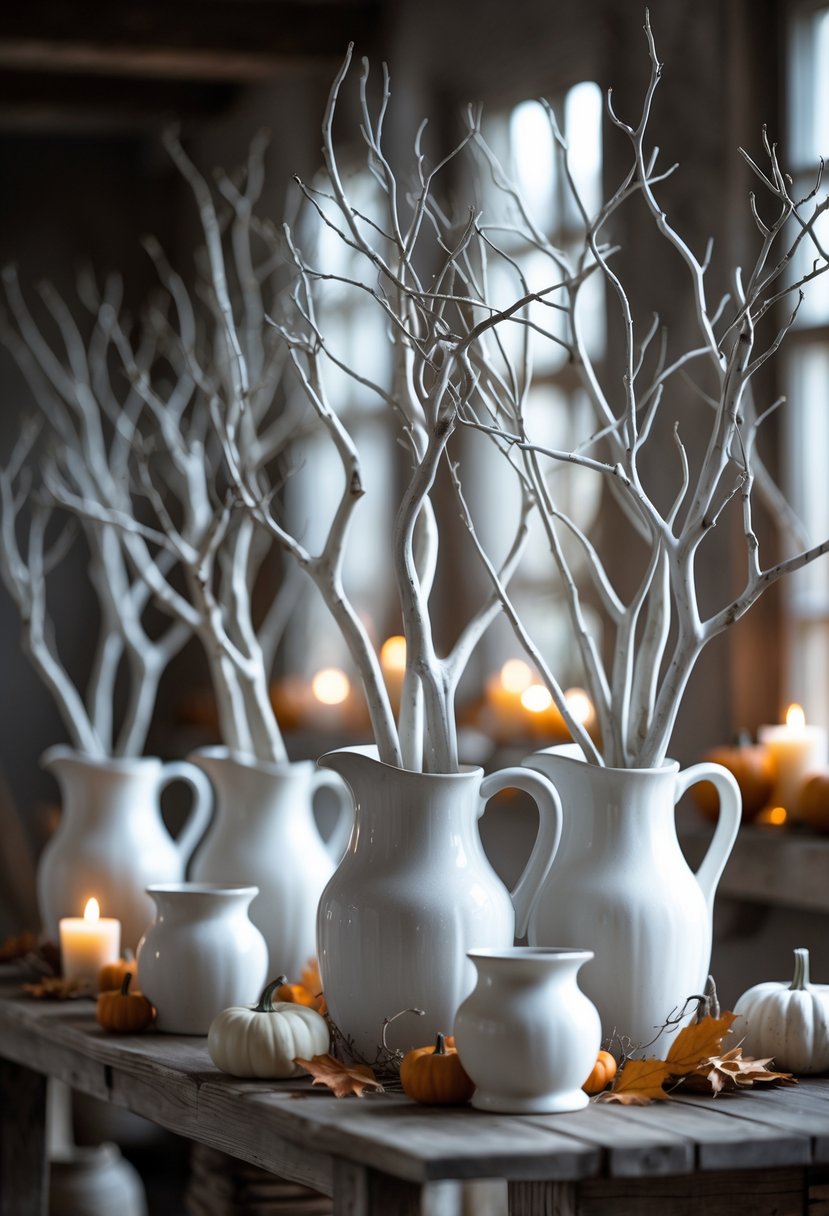 White ceramic pitchers filled with bare branches arranged on a wooden surface with autumn decorations.