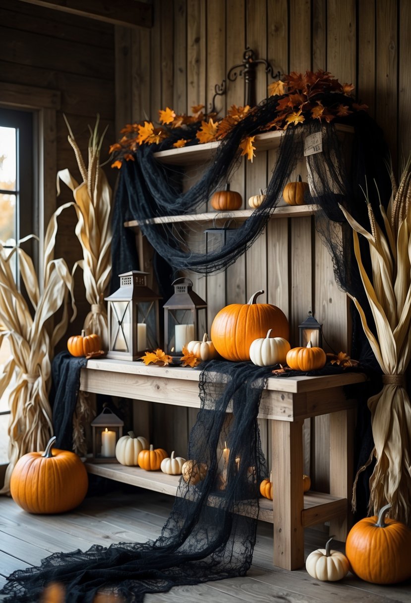 Rustic farmhouse Halloween décor with black netting draped over wooden surfaces, pumpkins, and autumn decorations.