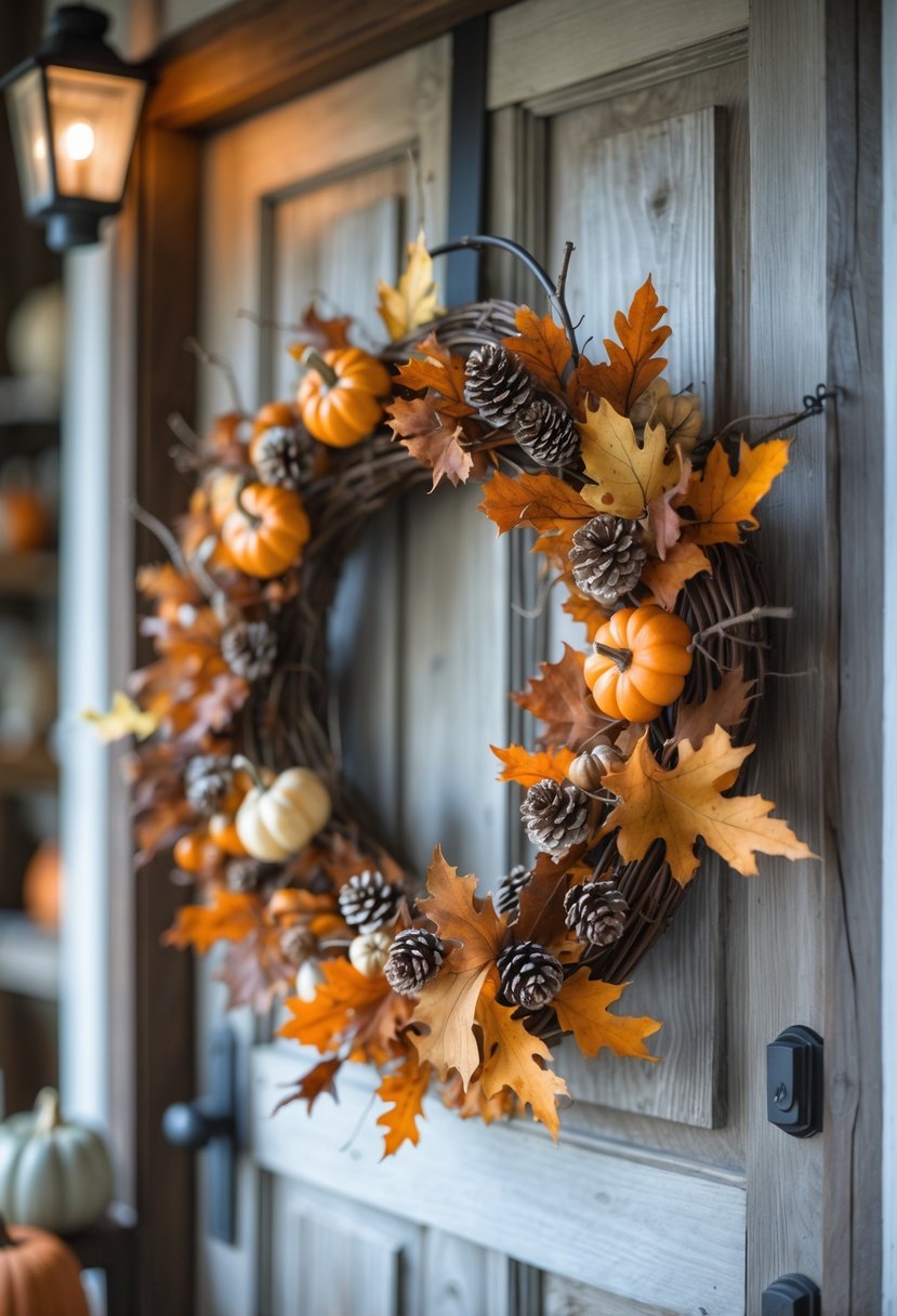 A Halloween wreath made of dried autumn leaves and small pumpkins hanging on a wooden door with farmhouse décor around it.