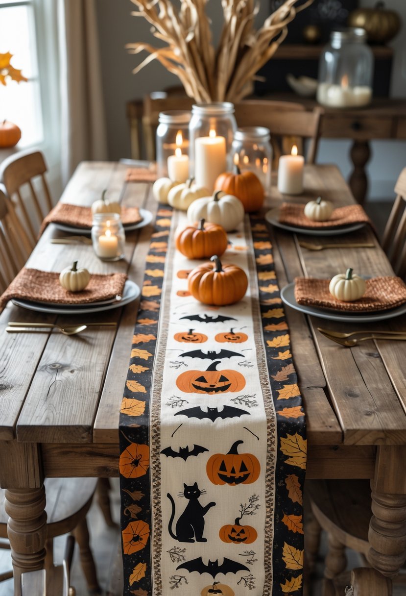 A farmhouse dining table decorated with vintage-style Halloween table runners featuring pumpkins and autumn leaves, surrounded by candles, gourds, and rustic décor.