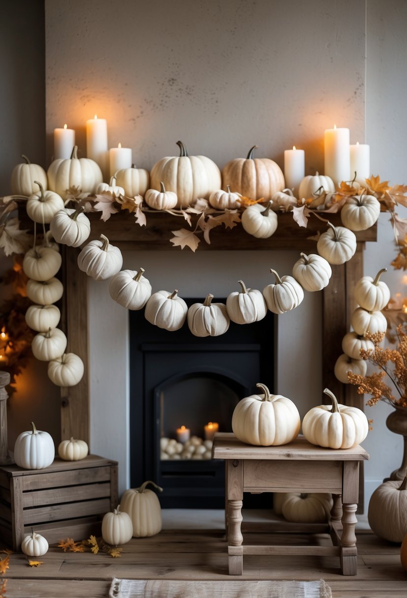 A farmhouse mantel decorated with neutral-toned pumpkin garlands, candles, and pumpkins on a wooden table.