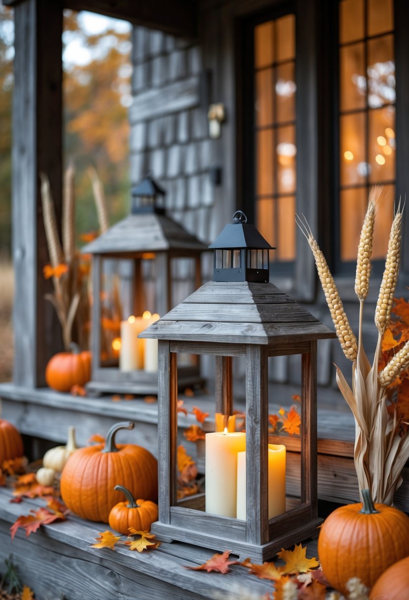 Weathered wooden lantern holders with glowing candles surrounded by pumpkins, autumn leaves, and dried corn stalks on a farmhouse porch.