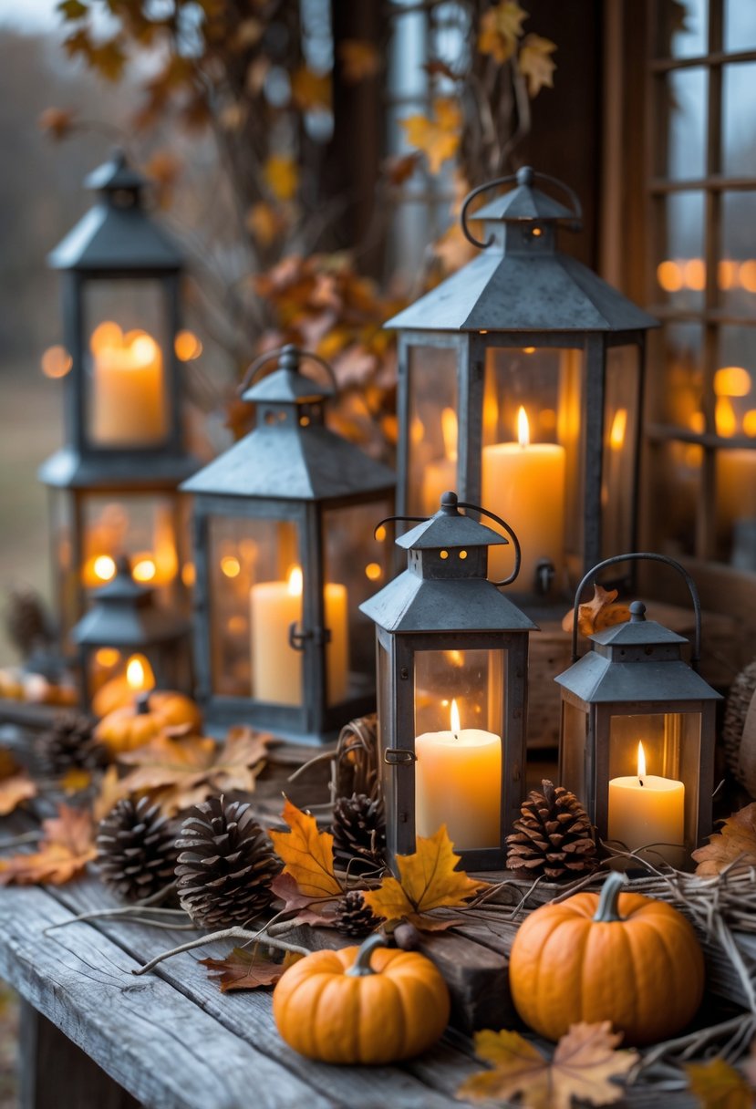 A cozy scene with vintage lanterns glowing softly by candlelight surrounded by pumpkins, autumn leaves, and pinecones on a wooden surface.