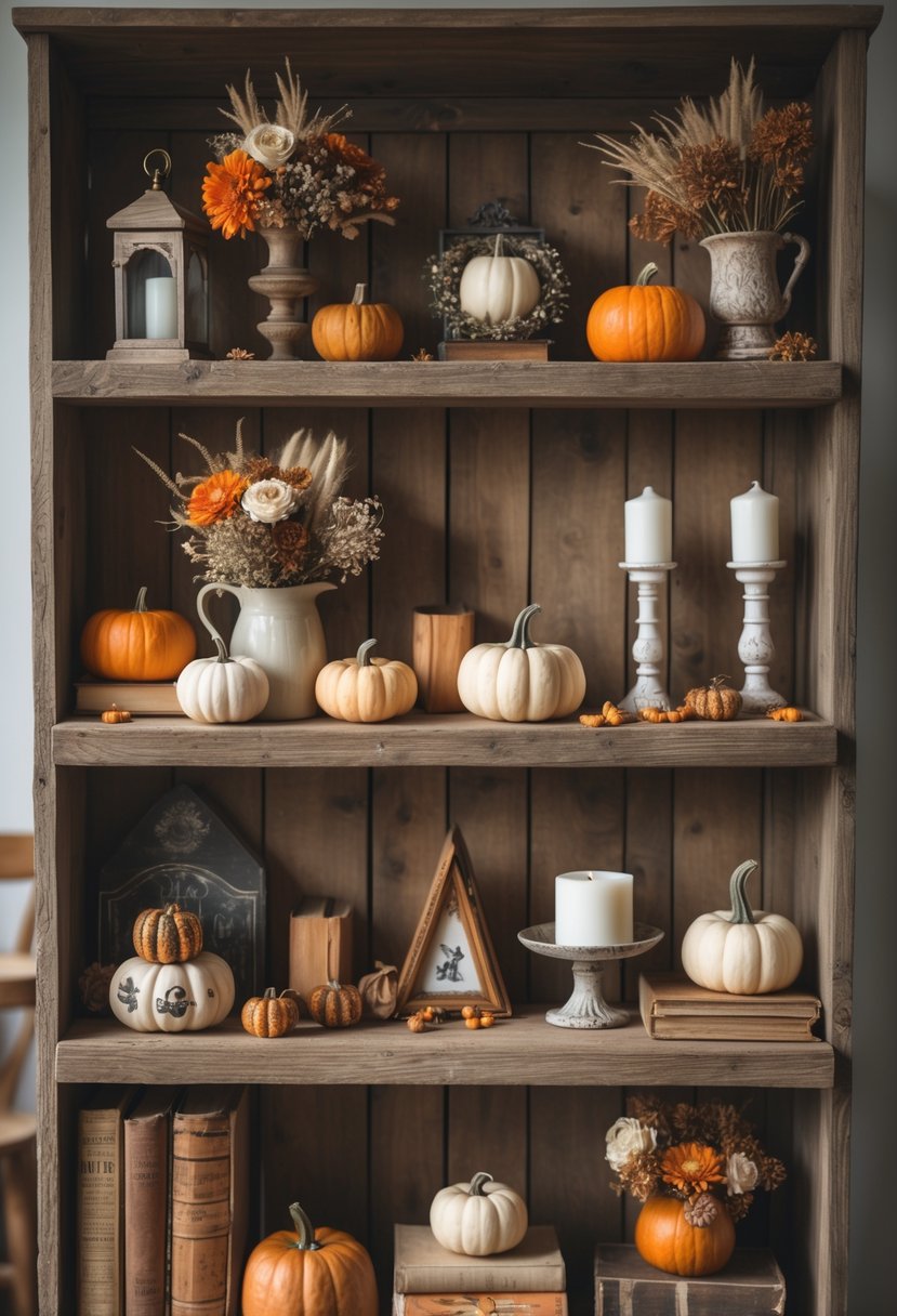 A rustic wooden shelf decorated with pumpkins, dried flowers, candles, and vintage Halloween items.