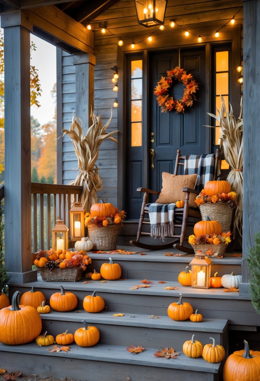 A farmhouse front porch decorated with pumpkins, corn stalks, lanterns, and autumn leaves for Halloween.