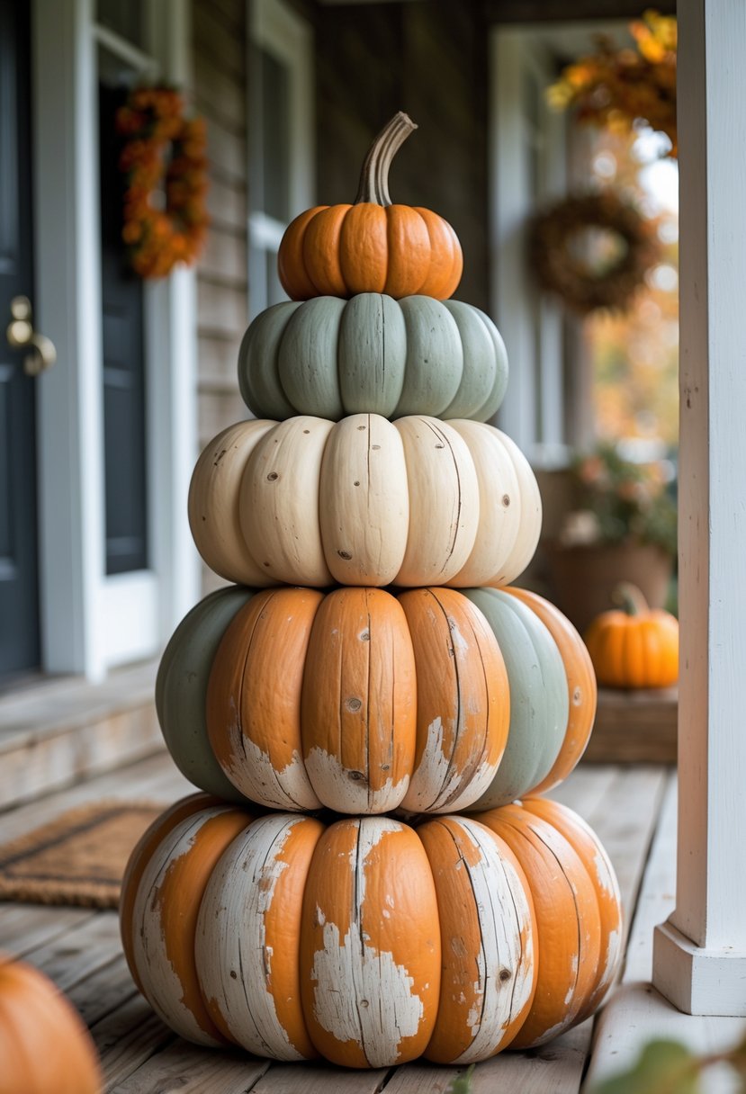 A stack of wooden pumpkins with worn paint arranged on a farmhouse porch during autumn.