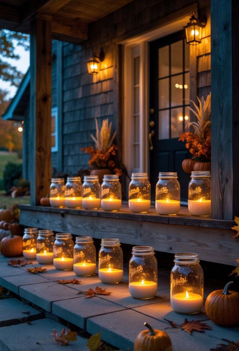 Fifteen mason jar lanterns with flickering LED candles arranged on a farmhouse front porch decorated for Halloween.