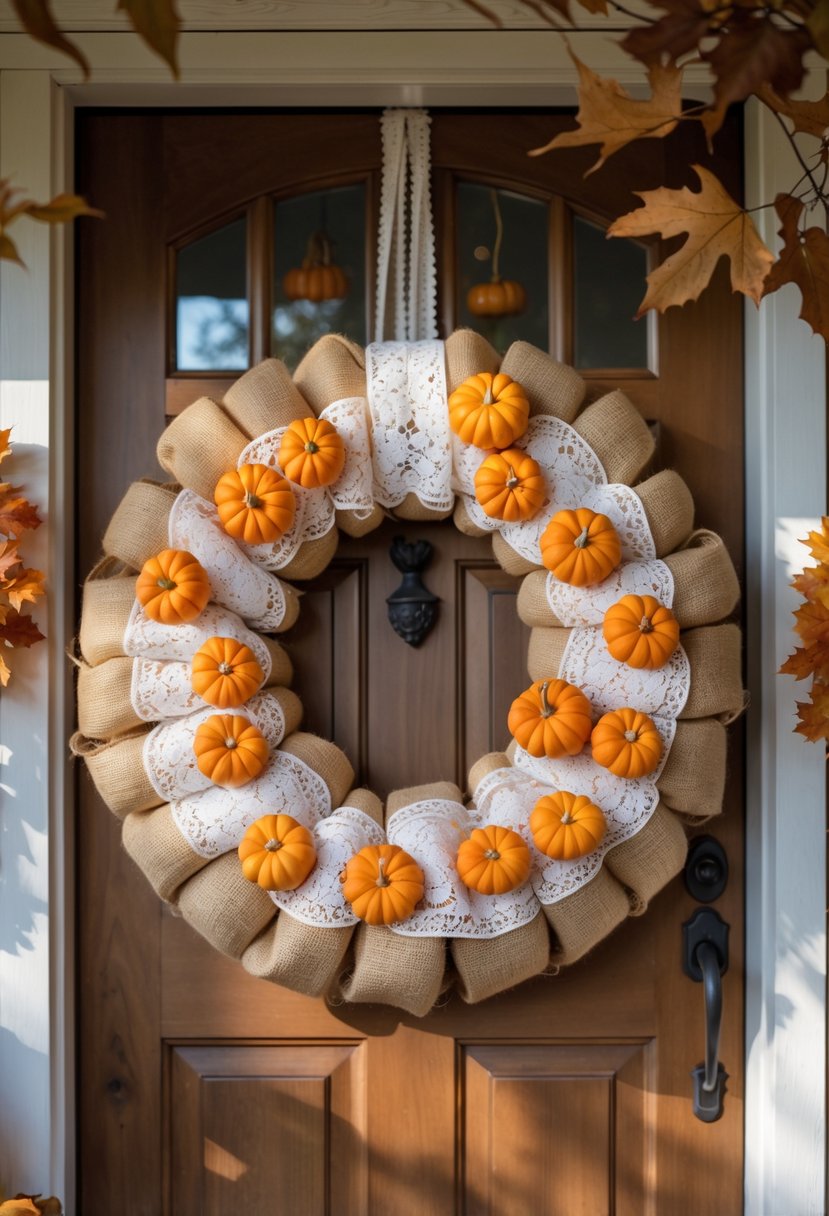 An autumn wreath made of burlap and lace with small pumpkins hanging on a wooden front porch door.