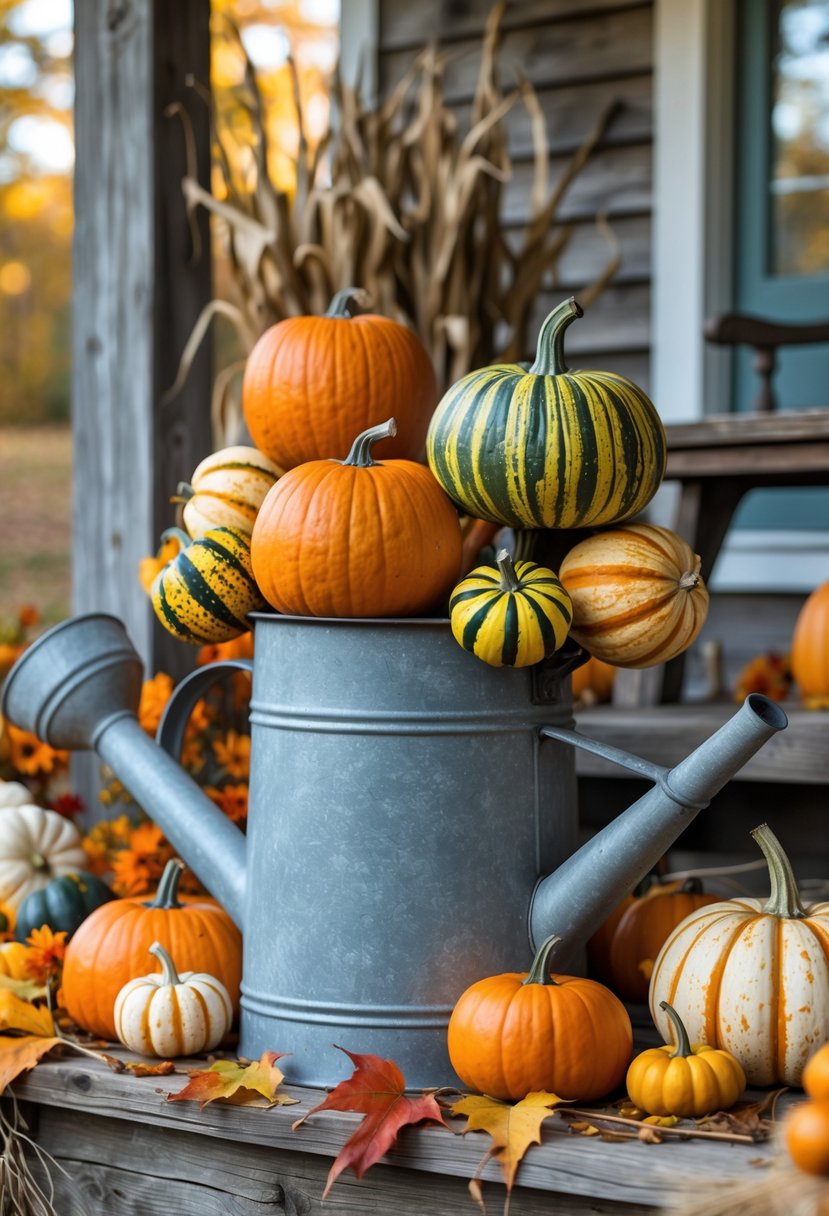 Vintage metal watering can filled with colorful gourds on a farmhouse front porch decorated for fall.