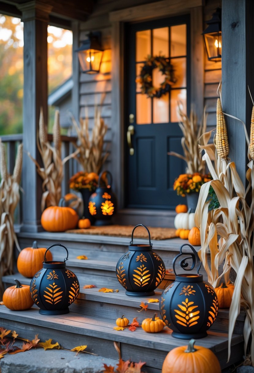 Front porch decorated with black wrought iron pumpkin lanterns and autumn decorations for Halloween.