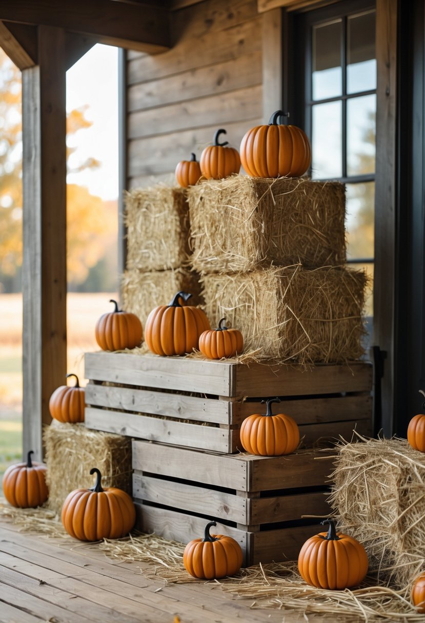 Wooden crate display with hay bales and wire pumpkins arranged on a farmhouse front porch for Halloween.