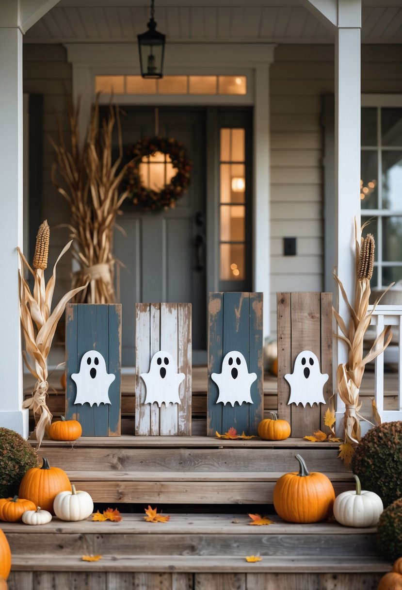 A farmhouse front porch with hand-painted ghost decorations on reclaimed wood surrounded by pumpkins and autumn leaves.