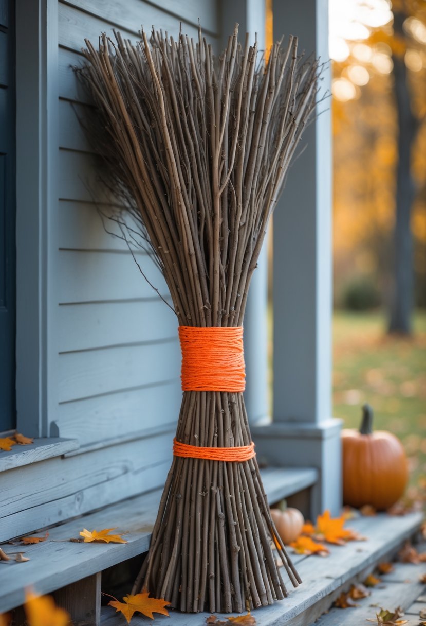 A natural twig broomstick tied with orange twine resting on a wooden porch with autumn leaves.