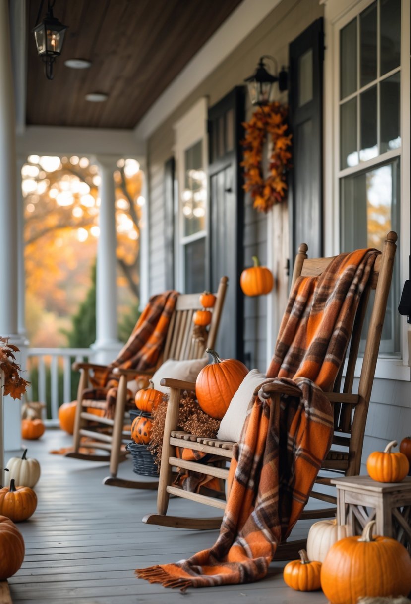 Porch chairs with plaid throw blankets and pumpkins arranged on a farmhouse front porch decorated for Halloween.