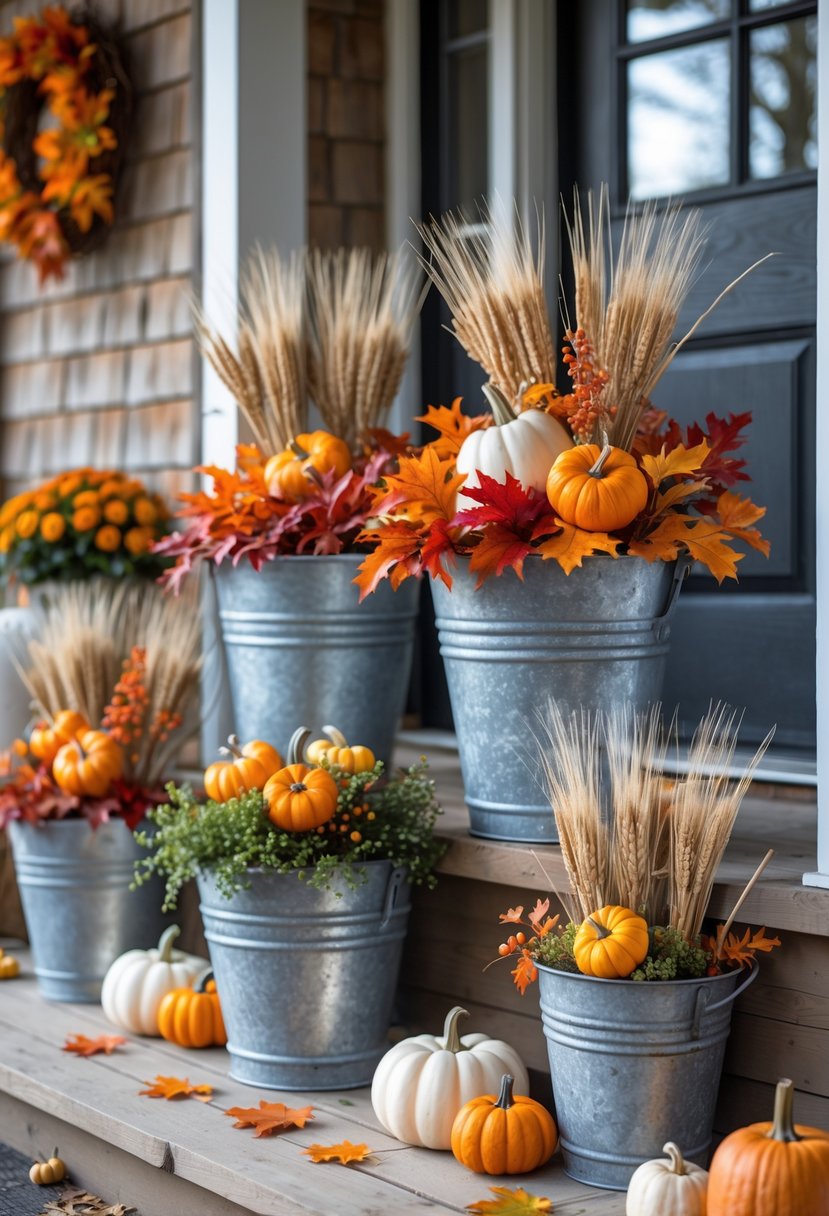 Galvanized metal buckets filled with faux fall foliage arranged on a farmhouse front porch decorated for Halloween.