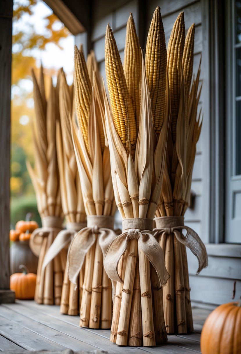 Carved wooden cornstalk bundles tied with burlap ribbons arranged on a farmhouse front porch as Halloween decor.