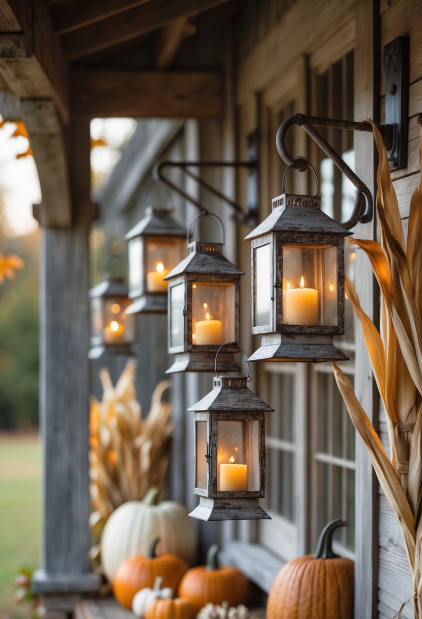 Five antique lanterns hanging from hooks on a farmhouse front porch decorated for Halloween with pumpkins and dried corn stalks.