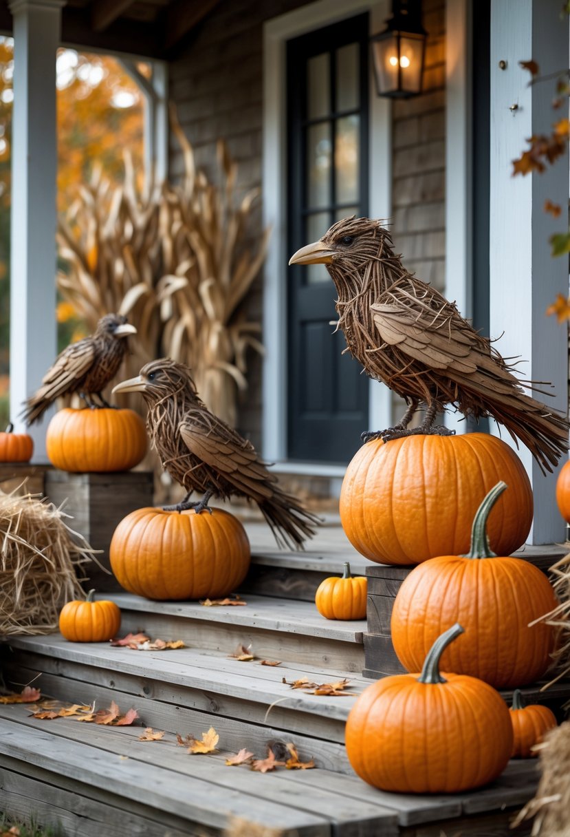 Twig crows perched on pumpkins arranged on a farmhouse front porch decorated for Halloween.