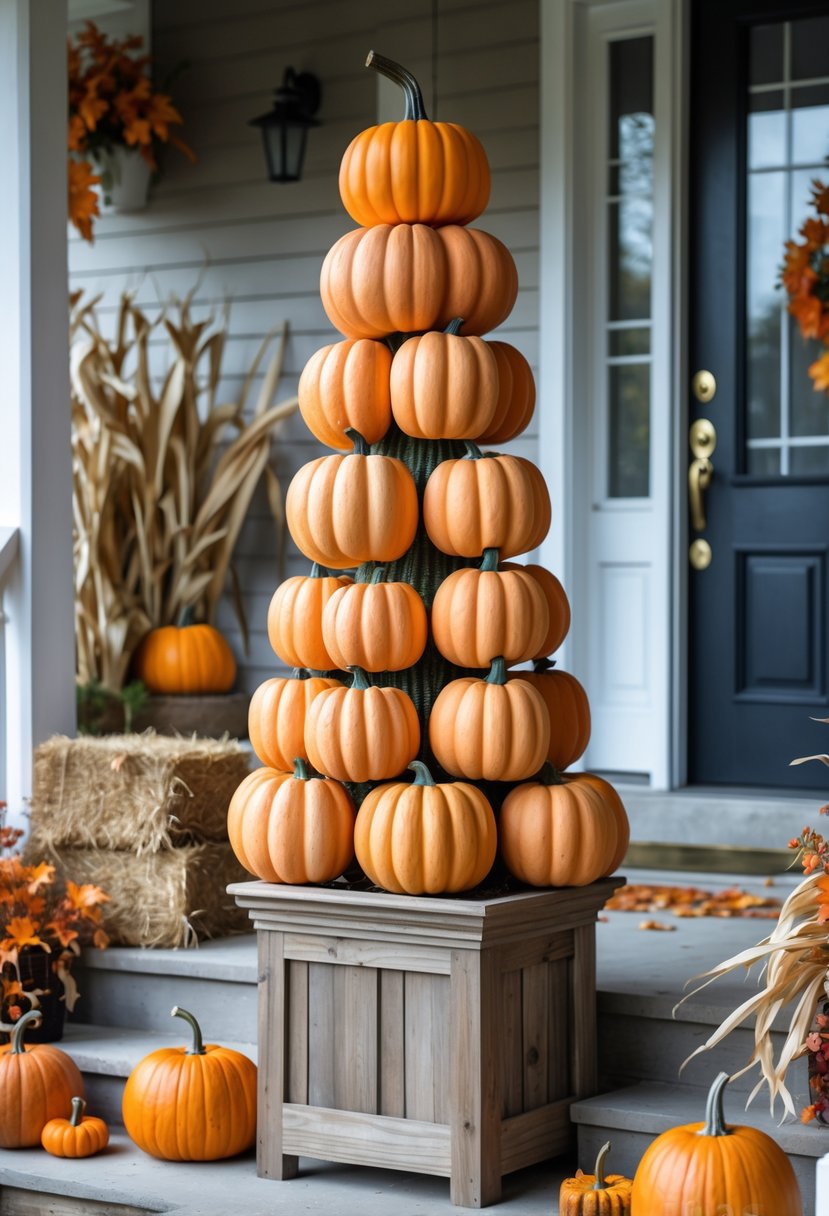 A stacked pumpkin topiary made of faux pumpkins on a farmhouse front porch decorated for Halloween.
