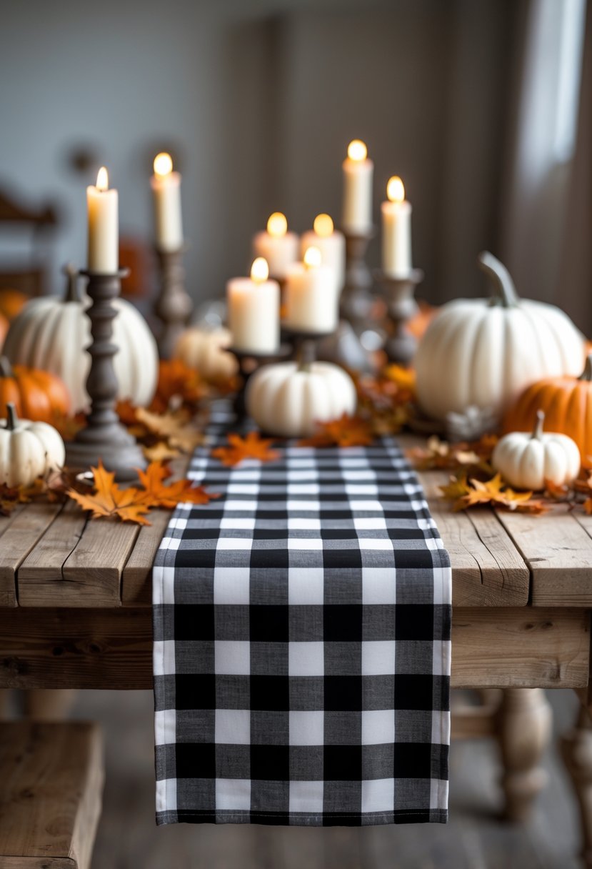 A farmhouse table decorated for Halloween with a black-and-white checkered table runner, pumpkins, autumn leaves, and candles.