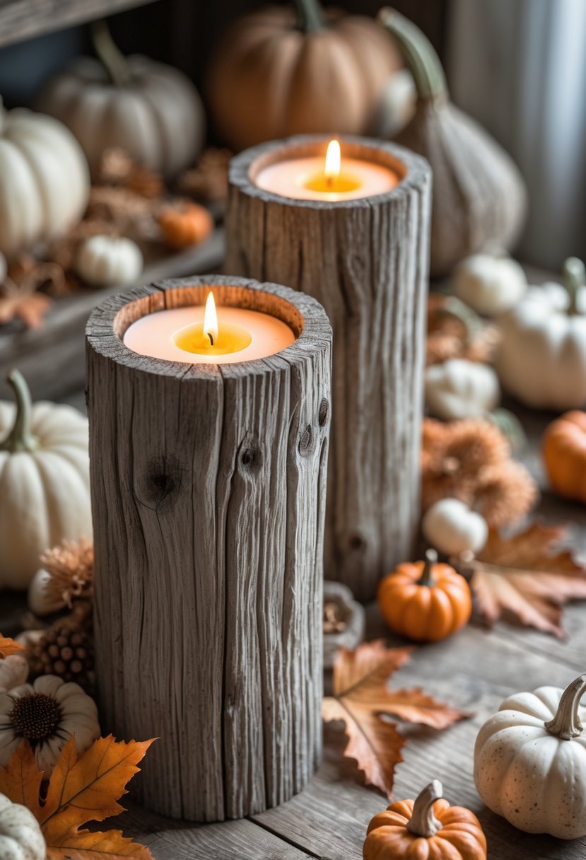 A wooden table decorated with distressed wood candle holders holding lit candles, surrounded by pumpkins, dried leaves, and autumn flowers.