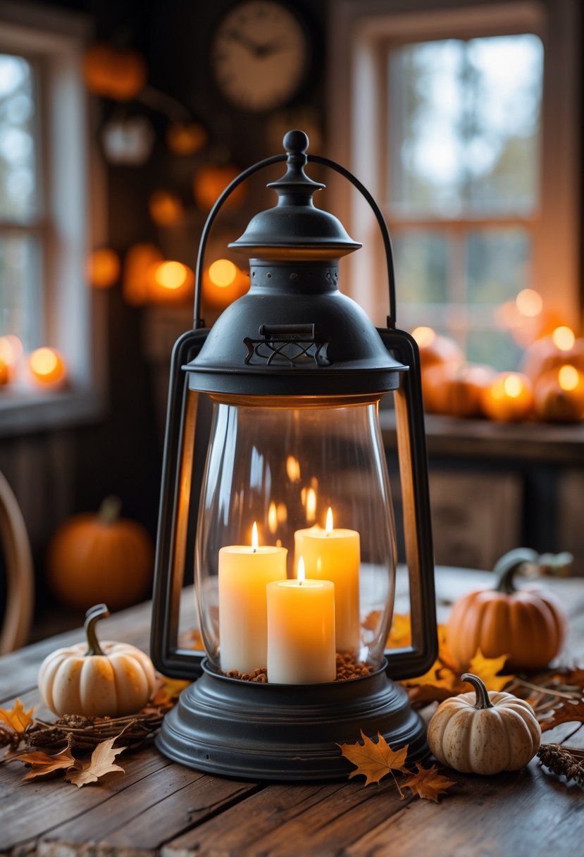 A vintage lantern with flickering LED candles on a wooden table decorated with small pumpkins and autumn leaves.