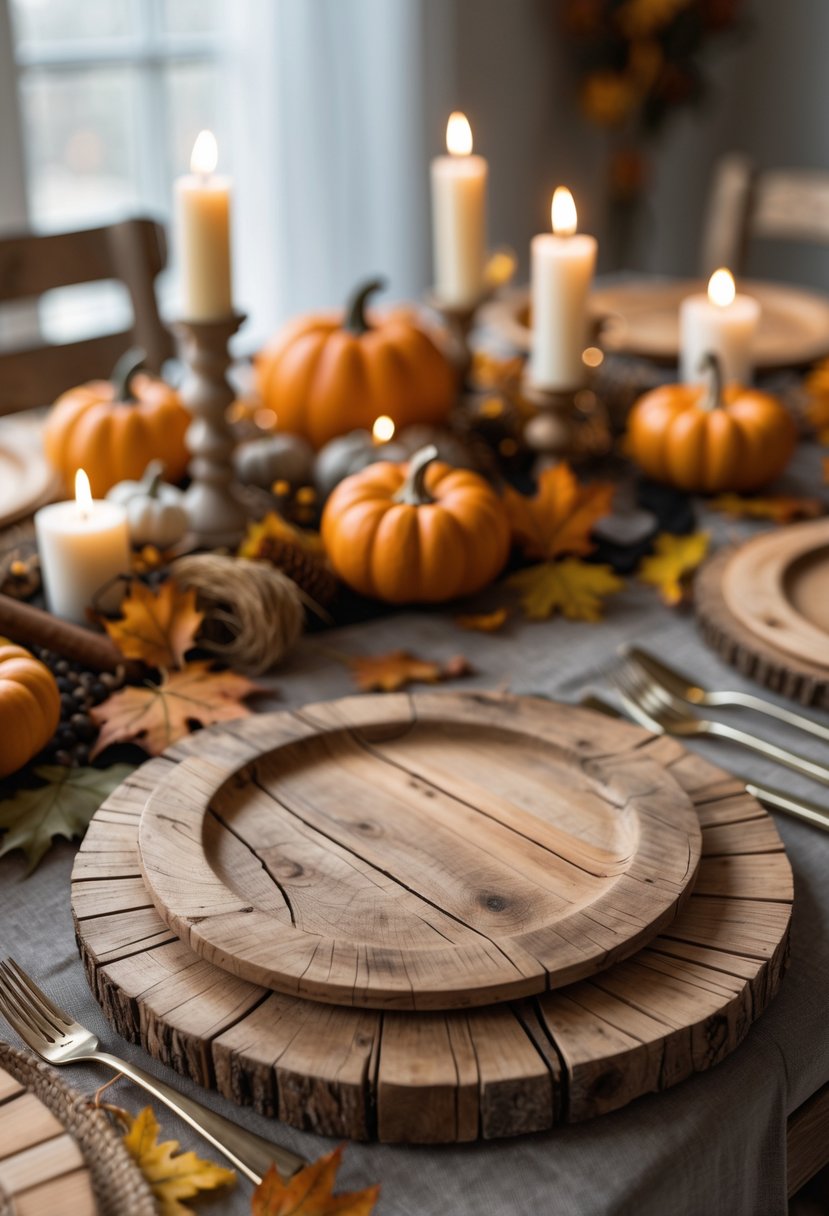 A rustic wooden table set with wooden charger plates and Halloween decorations including pumpkins and dried leaves.