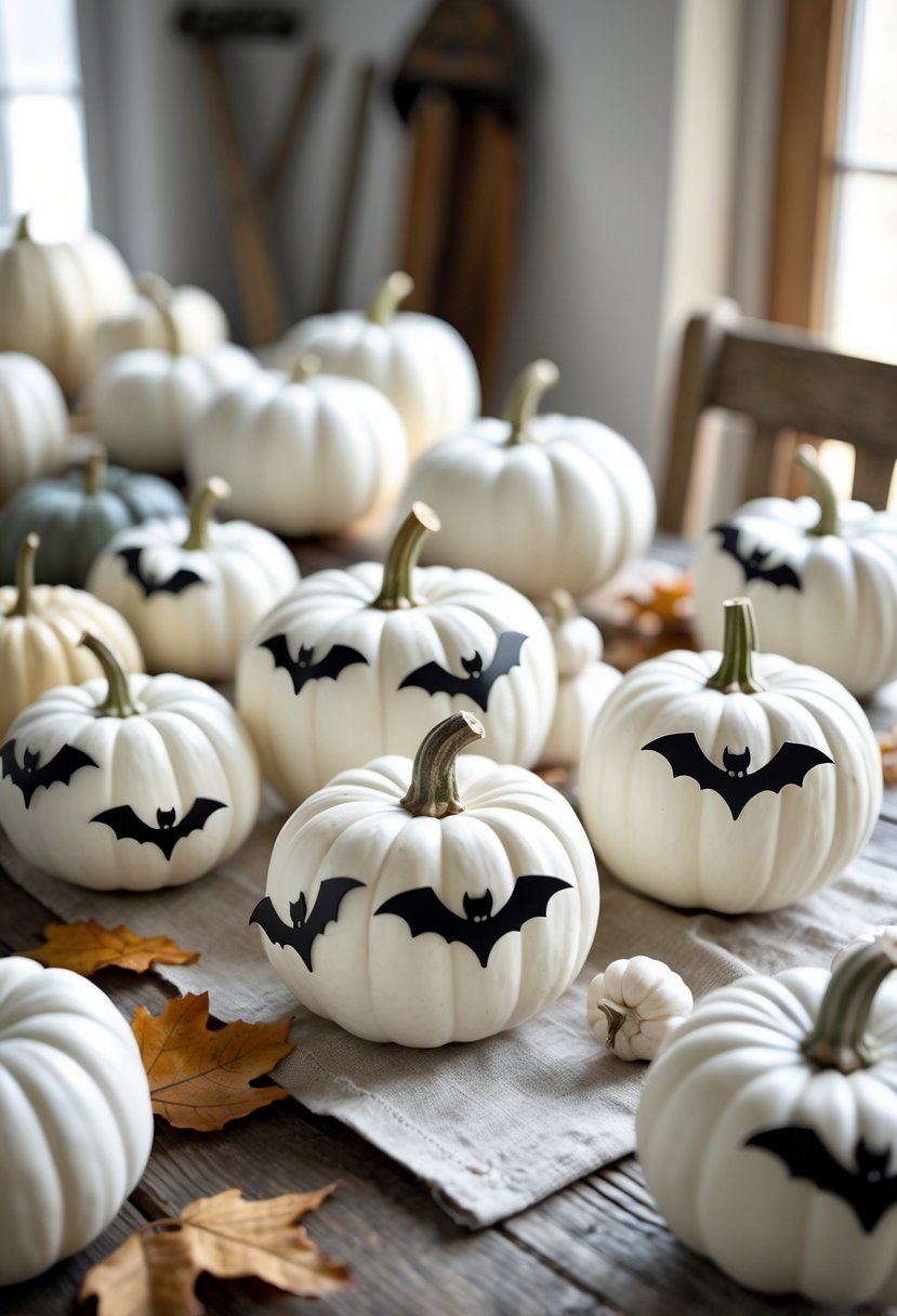 Fifteen small white pumpkins painted with black bats arranged on a wooden table with autumn decorations.